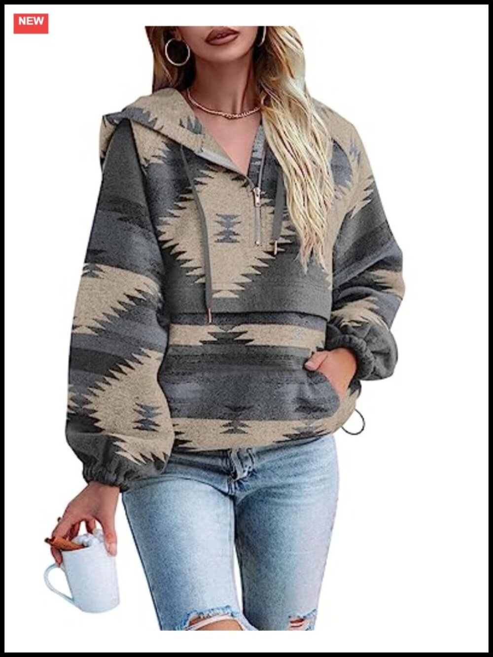 Boho Western Zip Up Hoodie Sweatshirt Women Long Sleeve Fleece